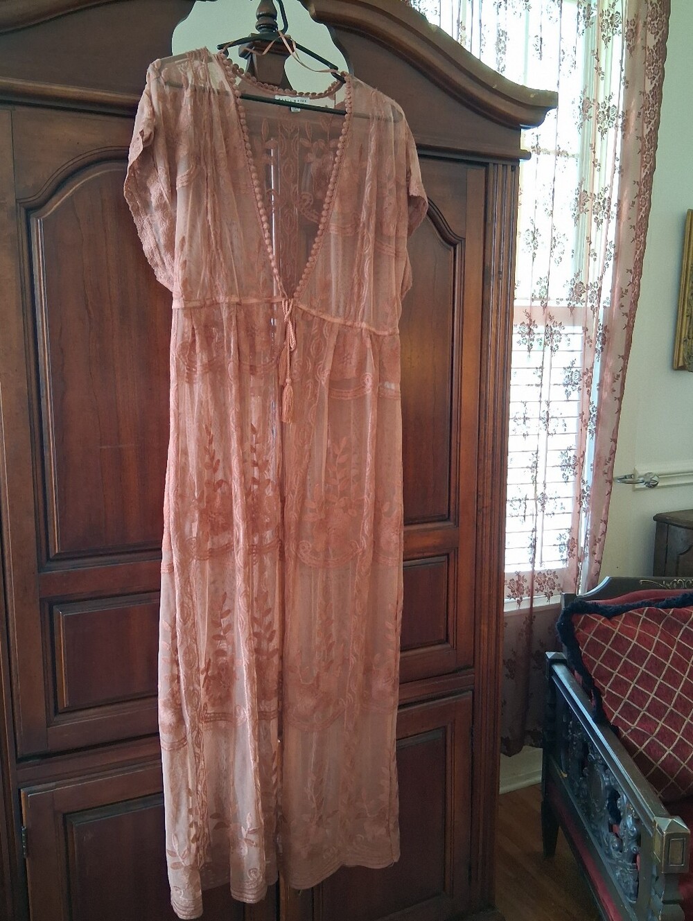 Boho Sheer Embroidered Maxi Cover-Up - Dusty Peach